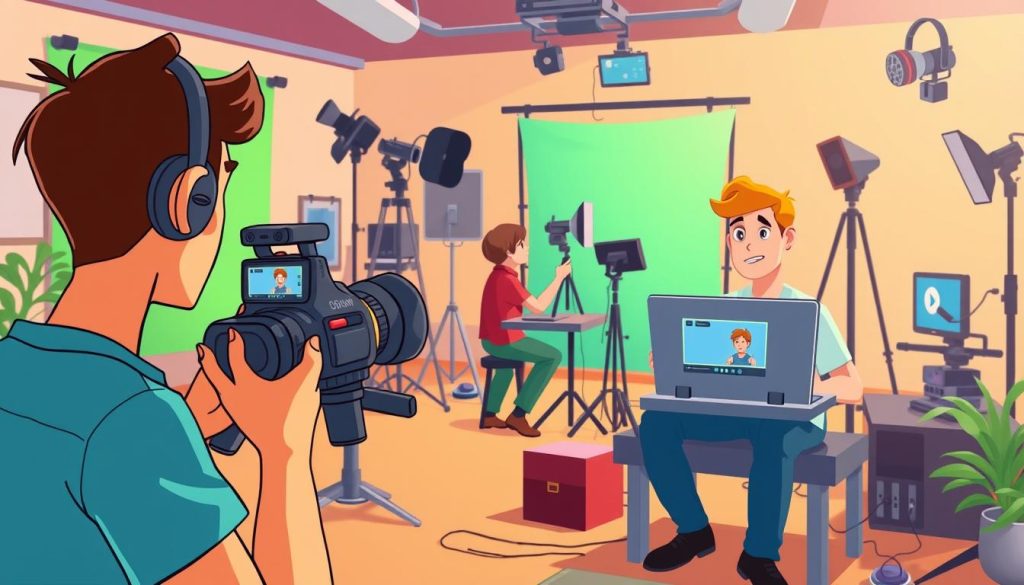 A vibrant, animated scene depicting various video production techniques. The foreground features a person holding a video camera, while in the middle ground, another person is editing footage on a laptop. The background showcases an array of video equipment, including lighting setups, microphones, and a green screen. The overall mood is playful and creative, with a warm, inviting color palette. The scene is rendered in a whimsical, cartoon-like style, emphasizing the approachable and accessible nature of video content creation.