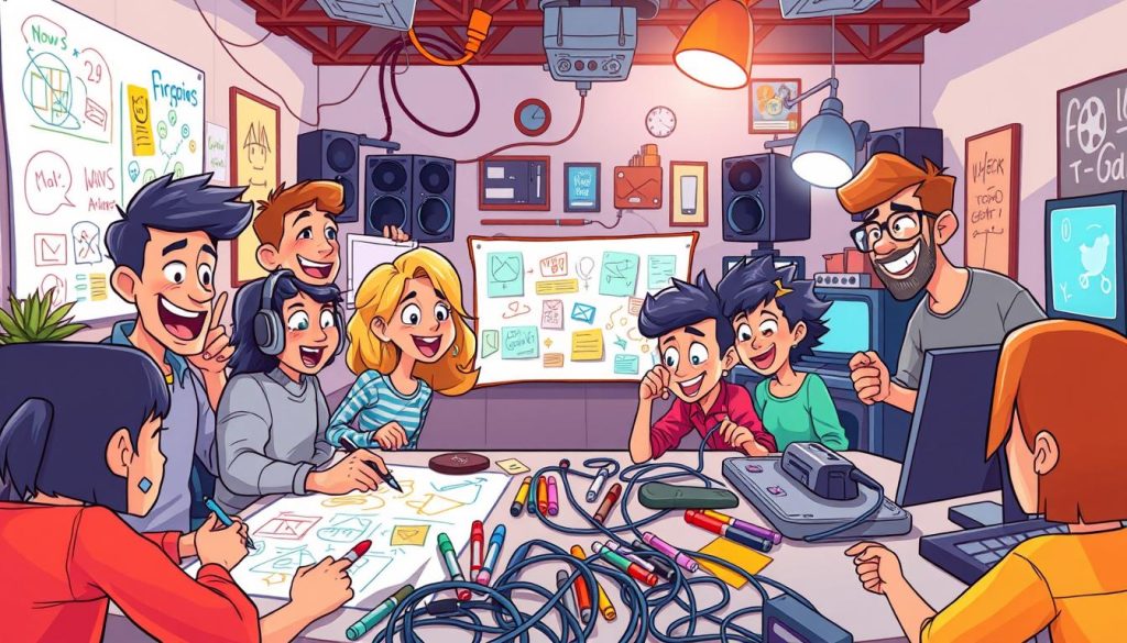 A vibrant, animated scene featuring a diverse cast of engaging characters crafting an array of intriguing visual content. In the foreground, a group of lively, expressive YouTubers are energetically brainstorming ideas, sketching designs, and manipulating digital tools to create eye-catching, dynamic visuals. The middle ground showcases their creative process, with colorful brainstorming boards, vibrant markers, and a tangle of cables powering their workstations. The background presents a cozy, well-equipped studio space, complete with high-tech equipment, bold lighting, and a warm, inviting atmosphere that fosters their artistic expression. The overall mood is one of enthusiasm, innovation, and a passion for captivating visual storytelling. A vibrant, animated scene featuring a diverse cast of engaging characters crafting an array of intriguing visual content. In the foreground, a group of lively, expressive YouTubers are energetically brainstorming ideas, sketching designs, and manipulating digital tools to create eye-catching, dynamic visuals. The middle ground showcases their creative process, with colorful brainstorming boards, vibrant markers, and a tangle of cables powering their workstations. The background presents a cozy, well-equipped studio space, complete with high-tech equipment, bold lighting, and a warm, inviting atmosphere that fosters their artistic expression. The overall mood is one of enthusiasm, innovation, and a passion for captivating visual storytelling.