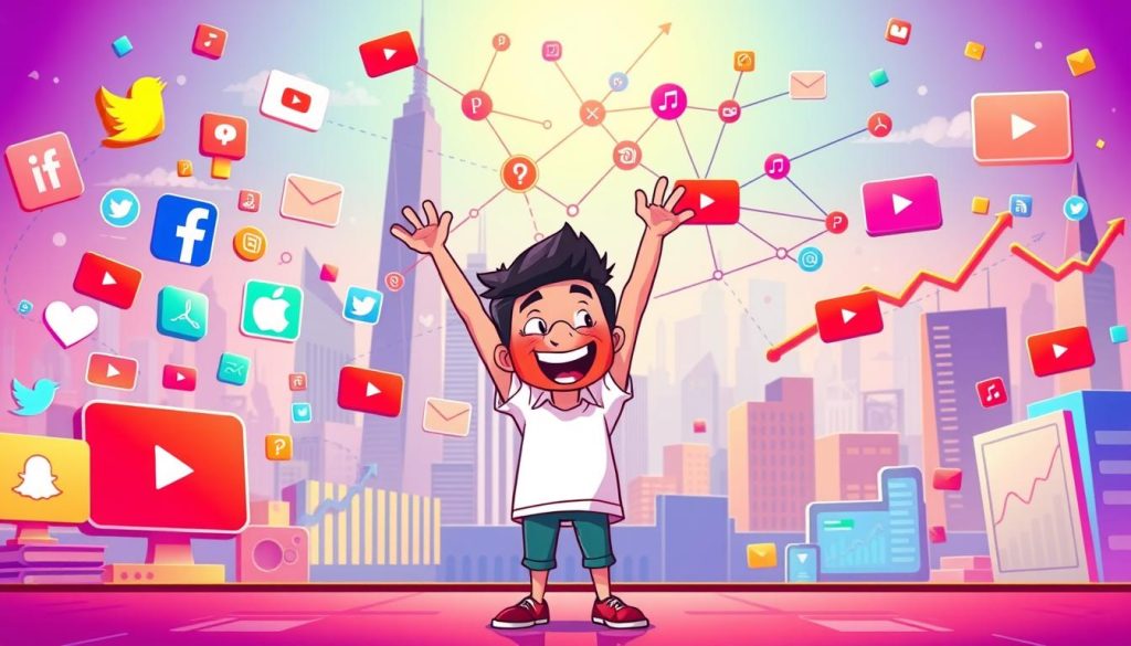 A vibrant, animated scene of a YouTuber enthusiastically growing their channel's viewership through strategic social media engagement and SEO optimization. In the foreground, the YouTuber stands proudly, surrounded by colorful social media icons and analytics charts. In the middle ground, a network of connected nodes and arrows illustrate the interplay of online platforms driving increased traffic. The background features a stylized cityscape, with skyscrapers and technology motifs, conveying a sense of the digital landscape. Bright, saturated colors, dynamic camera angles, and a tone of excitement and progress capture the essence of boosting channel visibility through integrated digital marketing tactics.