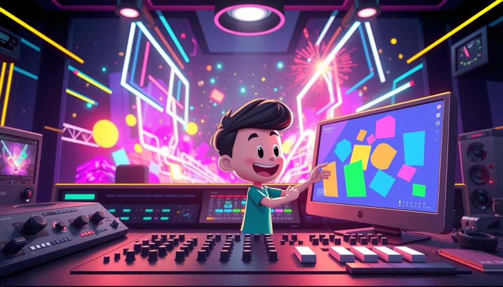 A vibrant, animated scene of a video graphics workstation. In the foreground, a playful, cartoon-style character manipulates colorful shapes and effects on a sleek, modern display. The middle ground features various video editing tools, knobs, and interfaces, while the background showcases a dynamic, neon-infused environment filled with pulsing lines, particle effects, and a sense of digital energy. The lighting is crisp and dramatic, casting deep shadows and highlights to accentuate the technical details. The overall mood is one of creativity, innovation, and the boundless possibilities of video graphics design. A vibrant, animated scene of a video graphics workstation. In the foreground, a playful, cartoon-style character manipulates colorful shapes and effects on a sleek, modern display. The middle ground features various video editing tools, knobs, and interfaces, while the background showcases a dynamic, neon-infused environment filled with pulsing lines, particle effects, and a sense of digital energy. The lighting is crisp and dramatic, casting deep shadows and highlights to accentuate the technical details. The overall mood is one of creativity, innovation, and the boundless possibilities of video graphics design.