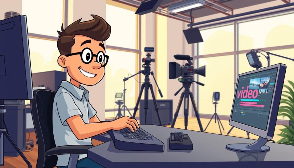 A vibrant, animated scene of a video production studio. In the foreground, a friendly, expressive character sits at a sleek, high-tech editing workstation, hands expertly manipulating digital tools. The middle ground features various filming equipment - a camera on a tripod, lighting rigs, and sound gear, all meticulously arranged. The background showcases a modern, minimalist space with large windows allowing natural light to pour in, creating a warm, creative atmosphere. The overall mood is one of focused productivity, innovation, and the joy of crafting engaging visual content. A vibrant, animated scene of a video production studio. In the foreground, a friendly, expressive character sits at a sleek, high-tech editing workstation, hands expertly manipulating digital tools. The middle ground features various filming equipment - a camera on a tripod, lighting rigs, and sound gear, all meticulously arranged. The background showcases a modern, minimalist space with large windows allowing natural light to pour in, creating a warm, creative atmosphere. The overall mood is one of focused productivity, innovation, and the joy of crafting engaging visual content.