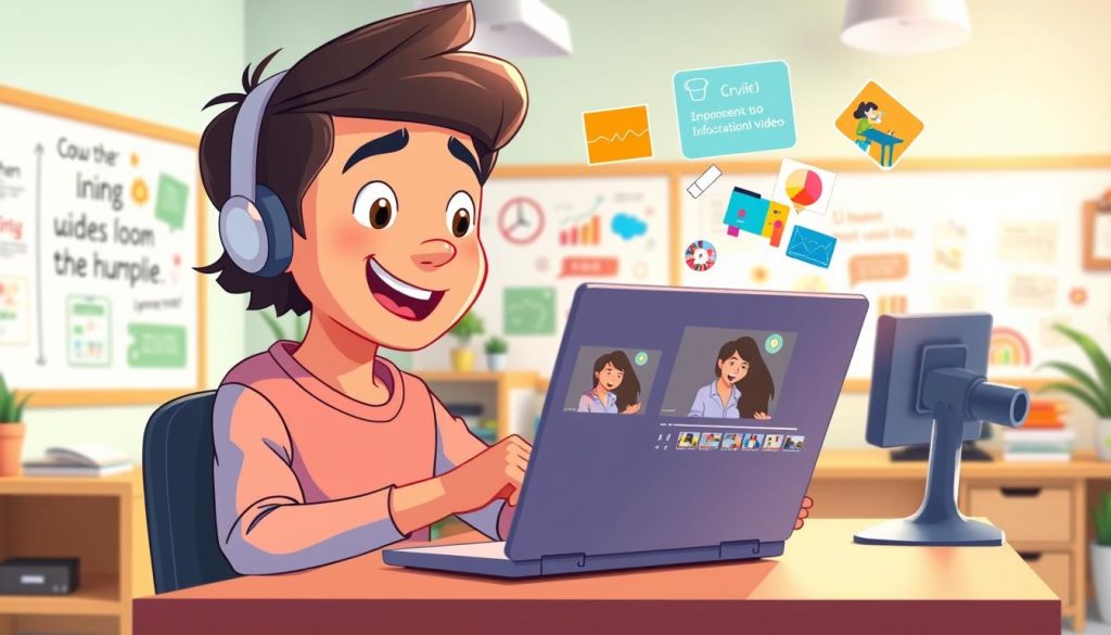 A vibrant, animated scene of a young person passionately creating educational video content. In the foreground, a friendly, cartoon-style character sits at a desk, intently editing video footage on a laptop. Behind them, colorful infographics, diagrams, and visual aids float in the air, illustrating the subject matter. The background is a bright, airy workspace with inspirational quotes and whiteboards, conveying a sense of creativity and learning. Soft, diffused lighting creates a warm, inviting atmosphere, encouraging viewers to engage with the educational content.