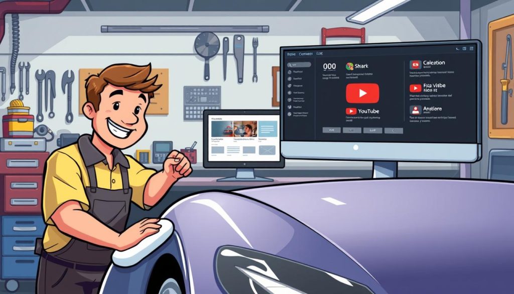 A vibrant, animated scene of an automobile undergoing a comprehensive detailing process. In the foreground, a cheerful mechanic expertly polishes the car's gleaming exterior, capturing the essence of the detailing craft. In the middle ground, a sleek, modern computer displays an array of optimization tools, representing the importance of SEO and YouTube video optimization. The background features a well-equipped workshop, with various tools and equipment, conveying the technical expertise required for both detailing and digital optimization. The overall mood is one of efficiency, attention to detail, and a harmonious blend of manual and digital work, reflecting the nuances of the "YouTube Channel Idea for Car Wash and Detailing" article's section on "Optimizing Videos for Search".