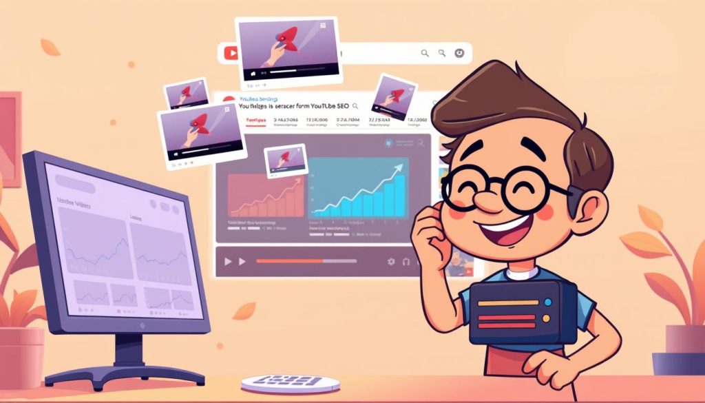 A vibrant, animated scene of video optimization for YouTube SEO. In the foreground, a cheerful character tinkering with video settings, adjusting lighting and color. In the middle ground, various video thumbnails and analytics charts float, conveying the metrics and optimization process. The background depicts a stylized YouTube interface, with video recommendations and a search bar. Warm, friendly tones and a sense of playful creativity permeate the image, capturing the essence of optimizing videos for better visibility and engagement.
