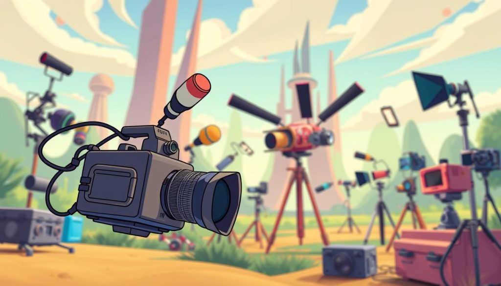 A vibrant, animated scene showcasing a variety of filmmaking equipment in a dynamic, imaginative setting. In the foreground, a whimsical, cartoon-style camera hovers, its lens focused intently. Behind it, a collection of quirky, brightly-colored microphones, lighting rigs, and other production tools swirl together in a playful, choreographed dance. The middle ground features a fantastical, stylized backdrop, with towering, abstract structures and vivid, saturated colors that evoke a sense of creativity and innovation. The overall mood is one of excitement, energy, and the boundless possibilities of visual storytelling.