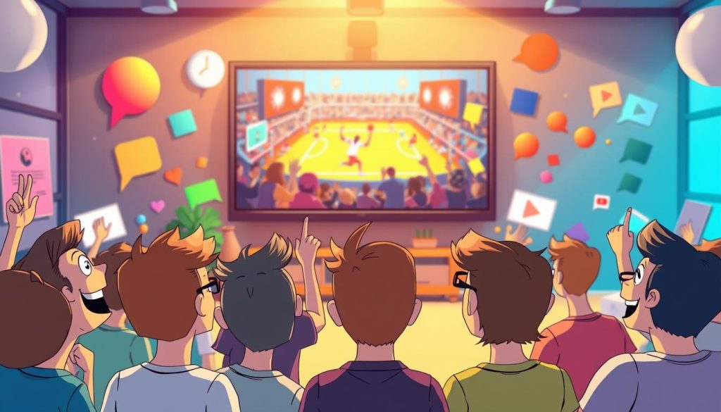 A vibrant, animated scene showcasing creative content ideas. In the foreground, a group of enthusiastic people react with exaggerated expressions to an exciting sports event playing on a large screen. The middle ground features a variety of colorful, imaginative visuals such as speech bubbles, abstract shapes, and dynamic graphic elements. The background is filled with a lively, playful atmosphere, with subtle hints of a YouTube-inspired color palette. The lighting is warm and inviting, creating a sense of energy and inspiration. Capture the spirit of creative, reactive content through a whimsical, cartoon-style illustration.