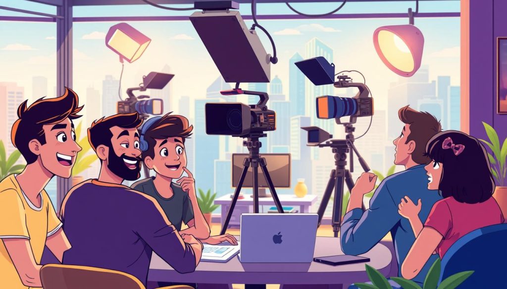 A vibrant, animated scene showcasing the art of creating captivating content. In the foreground, a team of enthusiastic creators brainstorm and collaborate, their expressions brimming with energy and inspiration. The middle ground features a sleek, modern video production setup, complete with professional-grade cameras, lighting, and a cozy, inviting workspace. In the background, a vibrant cityscape serves as a backdrop, hinting at the boundless opportunities for engaging and impactful storytelling. The lighting is warm and natural, casting a welcoming glow over the entire scene. The overall mood is one of excitement, innovation, and a passion for crafting truly captivating content.