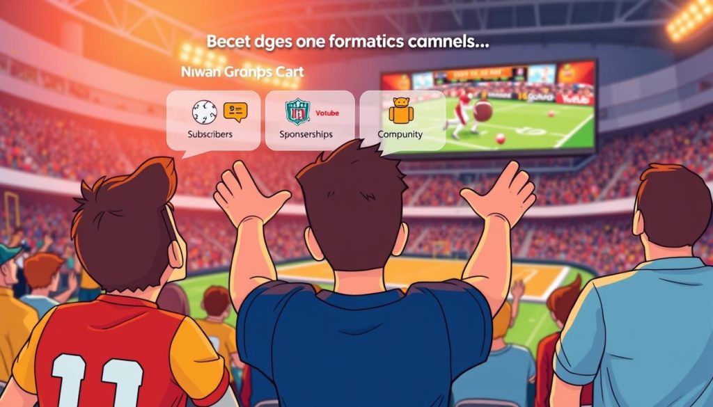 A vibrant, animated scene showcasing the benefits of running a YouTube channel for sports fan reactions. In the foreground, an enthusiastic fan in team colors watches a game intently, their hands raised in excitement. In the middle ground, a colorful array of icons and graphics illustrate the advantages - subscriber growth, sponsorship opportunities, interactive community. The background features a stadium-like setting, with cheering crowds and a large, high-definition screen displaying the sporting event. The lighting is warm and dynamic, capturing the energy and passion of the moment. A whimsical, cartoon-inspired style brings this engaging visual to life, perfectly complementing the article's subject matter.