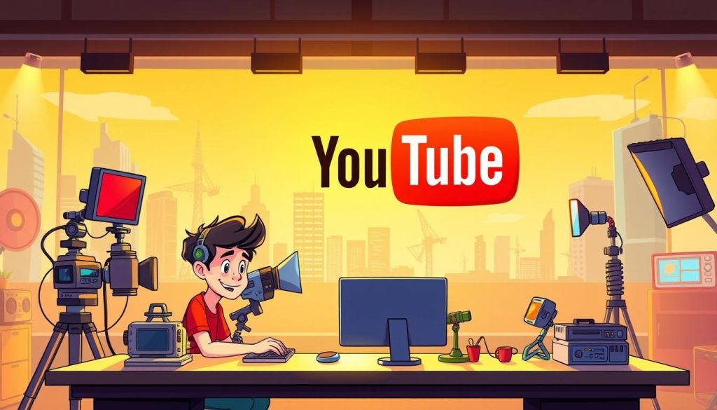 A vibrant, animated scene showcasing the creation of an engaging YouTube channel. In the foreground, a dynamic young content creator sits at a desk, surrounded by an array of colorful, stylized video production equipment. Warm lighting casts a soft glow, highlighting their focused expression as they craft captivating video concepts. In the middle ground, a larger-than-life, cartoonish representation of the YouTube platform logo looms, its bold colors and playful design reflecting the fun and energy of the channel. The background features a stylized cityscape, with skyscrapers and technological elements that suggest the digital world of online video. The overall atmosphere is one of creativity, enthusiasm, and the excitement of building a successful, visually appealing YouTube presence.