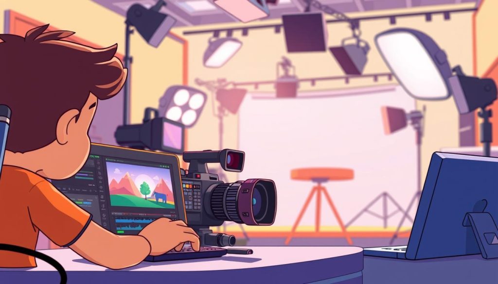 A vibrant, animated scene showcasing the key elements for improving video quality. In the foreground, a character tinkering with video editing software, adjusting settings and applying filters. The middle ground features a high-definition camera with various lenses, capturing crisp, clear footage. In the background, a studio-like environment with professional lighting equipment, ensuring optimal illumination. The overall mood is one of creative exploration and technological mastery, inspiring viewers to elevate their video production skills.