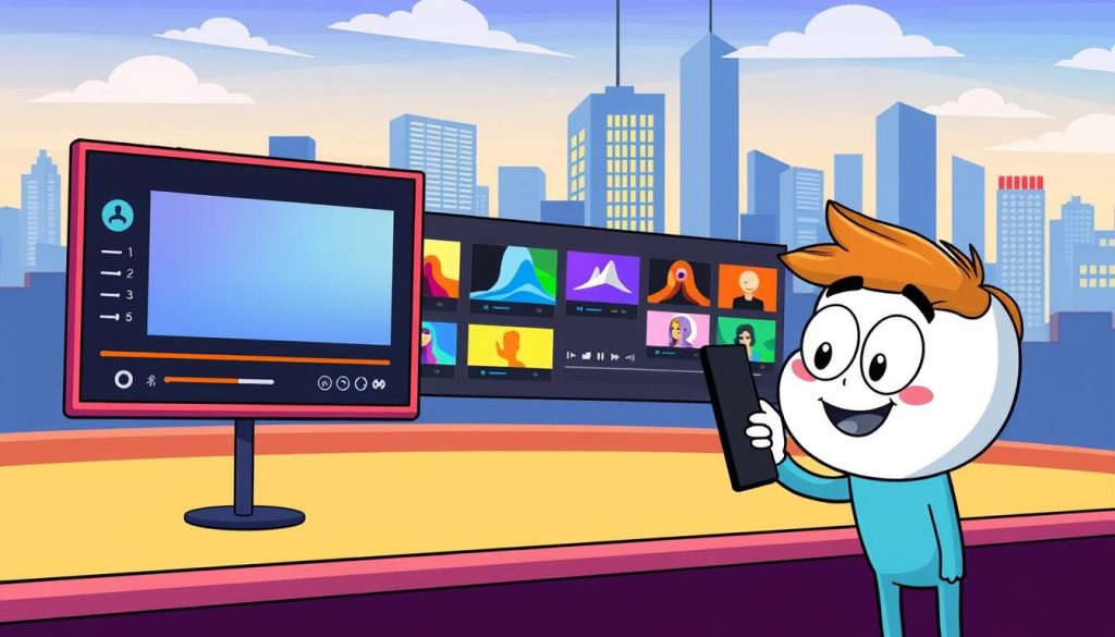 A vibrant, animated scene showcasing the optimization of video content. In the foreground, a friendly cartoon character examines a video player interface, tinkering with settings and controls. The middle ground features a series of colorful video thumbnails, each one representing a different aspect of video optimization, such as lighting, framing, and sound quality. In the background, a stylized city skyline with skyscrapers and digital screens serves as a backdrop, conveying the modern, tech-savvy nature of the video production process. The overall mood is playful and informative, inviting the viewer to explore the nuances of video optimization.