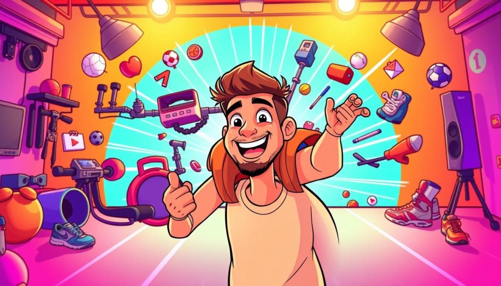 A vibrant, animated social media channel art showcasing a charismatic YouTube influencer in a dynamic, sporty setting. The foreground features the influencer engaging with their audience, surrounded by playful icons and graphics representing their lifestyle and content. The middle ground depicts a visually striking backdrop of sports equipment, workout gear, and energetic motion lines, conveying a sense of active entertainment. The background layers in a vivid, colorful gradient that sets an upbeat, aspirational tone. Warm lighting and a slightly distorted, cartoonish aesthetic imbue the scene with a compelling, eye-catching quality.