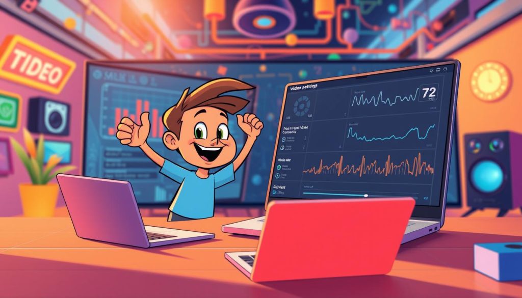 A vibrant, animated video optimization scene featuring an engaging cartoon character. In the foreground, the character is energetically adjusting video settings on a laptop, fine-tuning parameters like frame rate, resolution, and bitrate. In the middle ground, visual elements like graphs, charts, and video waveforms provide helpful data visualizations. The background depicts a dynamic, colorful environment with technology-inspired motifs, creating an atmosphere of creativity and productivity. Warm lighting and a playful, upbeat mood convey the benefits of optimizing video content to captivate a larger audience.
