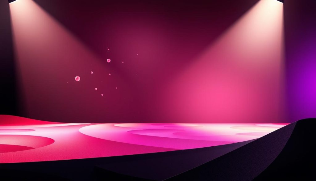 A vibrant, artfully designed backdrop with dynamic layers and textures. A sleek, high-contrast pattern in the foreground, perhaps geometric or abstract shapes, creates visual interest. In the middle ground, add subtle, semi-transparent elements like floating particles or soft, ethereal shapes to give depth and a sense of movement. In the background, a muted, gradient-based palette with hints of metallic or iridescent accents provides a sophisticated, high-end aesthetic. Dramatic, directional lighting from multiple angles casts dramatic shadows and highlights the dimensional quality of the composition. The overall mood should be modern, stylish, and visually captivating, reflecting the professional, high-fashion design sensibilities of the article's subject matter.