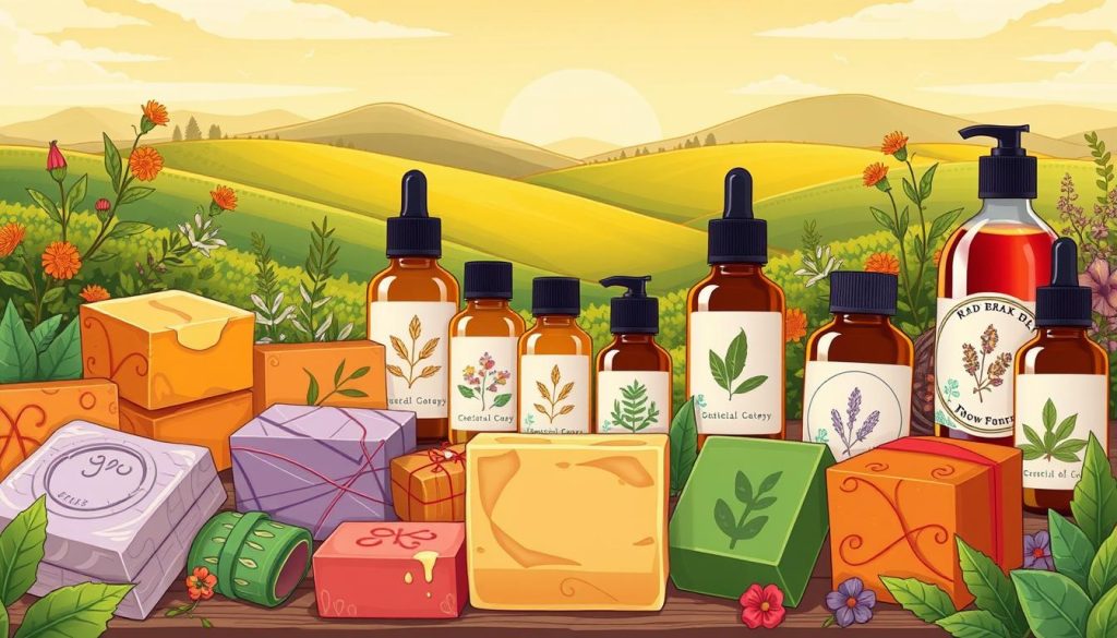 A vibrant assortment of natural products, including hand-crafted soaps, essential oils, and herbal remedies, arranged in a whimsical, cartoon-style composition. The foreground features an array of colorful, artisanal bars of soap, each with intricate designs and textures. In the middle ground, glass bottles of fragrant oils and tinctures are displayed, their labels showcasing delicate botanical illustrations. The background depicts a lush, verdant landscape, with rolling hills, flourishing plants, and a warm, golden-hued sky, evoking a sense of harmony and the embrace of nature. The overall mood is one of rustic charm, inviting the viewer to discover the authenticity and purity of these handmade, natural creations. A vibrant assortment of natural products, including hand-crafted soaps, essential oils, and herbal remedies, arranged in a whimsical, cartoon-style composition. The foreground features an array of colorful, artisanal bars of soap, each with intricate designs and textures. In the middle ground, glass bottles of fragrant oils and tinctures are displayed, their labels showcasing delicate botanical illustrations. The background depicts a lush, verdant landscape, with rolling hills, flourishing plants, and a warm, golden-hued sky, evoking a sense of harmony and the embrace of nature. The overall mood is one of rustic charm, inviting the viewer to discover the authenticity and purity of these handmade, natural creations.