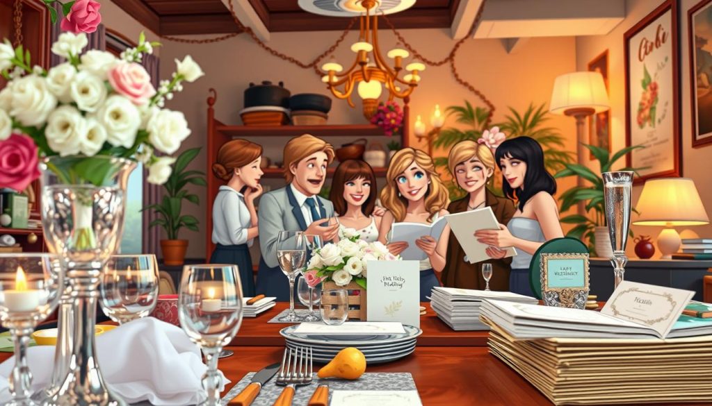 A vibrant behind-the-scenes setting, capturing the lively energy of a wedding planning process. The foreground showcases an eclectic mix of wedding decor items - delicate floral arrangements, gleaming silverware, and artfully arranged stationery. The middle ground reveals a team of wedding planners collaborating intently, their animated expressions and gestures conveying the creative spark of the moment. In the background, a warm, inviting workspace with cozy lighting and a touch of whimsy, evoking a sense of imagination and possibility. The overall scene exudes a playful, yet organized atmosphere, inviting the viewer to imagine the magic unfolding backstage as the wedding plans take shape.