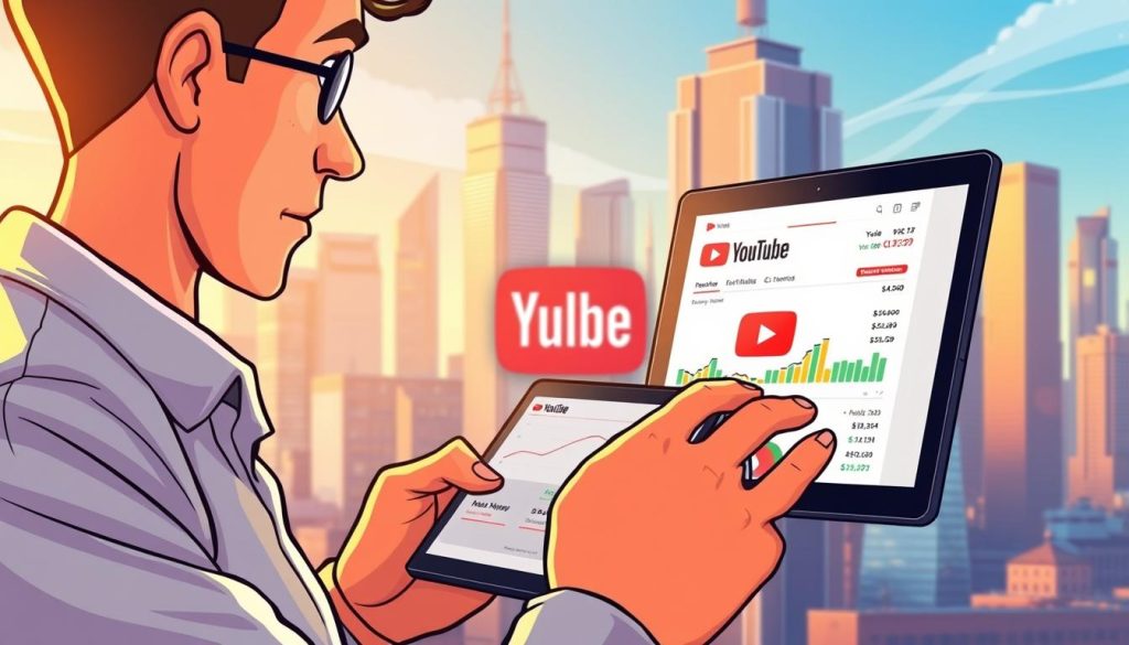 A vibrant cartoon illustration depicting a person scrutinizing the financial earnings of a popular YouTube channel. The foreground shows the person, dressed in casual attire, closely examining a tablet or laptop screen displaying various revenue metrics and analytics. In the middle ground, a stylized YouTube logo or icon is prominently featured, conveying the subject matter. The background features a dynamic cityscape with skyscrapers and other urban elements, hinting at the broader business and commercial context. The overall mood is one of thoughtful analysis, with the lighting and color palette capturing a sense of contemplation and evaluation of the YouTube revenue model.