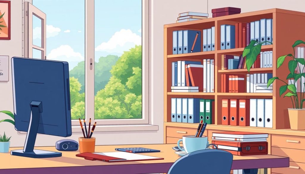 A vibrant cartoon illustration depicting a well-organized home office setup, with a bright and airy atmosphere. In the foreground, a desk with a computer, stationery, and a cup of coffee, symbolizing productivity and efficiency. Behind it, a bookshelf filled with neatly arranged books and folders, representing the resources and knowledge needed to build a successful YouTube channel. In the background, an open window overlooking a serene outdoor scene, with lush greenery and a clear sky, conveying a sense of balance and inspiration. The overall mood is one of focus, organization, and a desire to create valuable content for viewers.