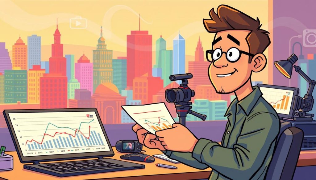 A vibrant cartoon illustration depicting the analysis and critique of YouTube revenue streams. In the foreground, a charismatic YouTuber examines a series of graphs and charts, their expression contemplative as they navigate the complexities of monetization. The middle ground features a desk cluttered with laptops, cameras, and other production equipment, hinting at the behind-the-scenes work required. In the background, a stylized cityscape represents the wider online landscape, with colorful buildings and swirling data streams. Warm lighting casts a positive, hopeful glow, suggesting the potential for success despite the challenges. The overall tone is one of thoughtful consideration, inviting the viewer to explore the nuances of earning income through digital content creation. A vibrant cartoon illustration depicting the analysis and critique of YouTube revenue streams. In the foreground, a charismatic YouTuber examines a series of graphs and charts, their expression contemplative as they navigate the complexities of monetization. The middle ground features a desk cluttered with laptops, cameras, and other production equipment, hinting at the behind-the-scenes work required. In the background, a stylized cityscape represents the wider online landscape, with colorful buildings and swirling data streams. Warm lighting casts a positive, hopeful glow, suggesting the potential for success despite the challenges. The overall tone is one of thoughtful consideration, inviting the viewer to explore the nuances of earning income through digital content creation.