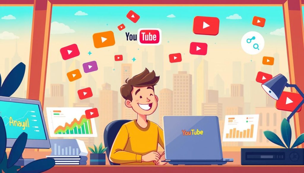 A vibrant cartoon illustration depicting the process of calculating estimated YouTube revenue. In the foreground, a cheerful YouTuber sits at a desk, surrounded by colorful graphs, charts, and a laptop displaying analytics data. In the middle ground, various YouTube icons and logos hover, representing the platform's features and tools. The background showcases a stylized cityscape, hinting at the global reach and impact of YouTube. The scene is bathed in a warm, inviting color palette, conveying a sense of excitement and success in the world of YouTube content creation and monetization.