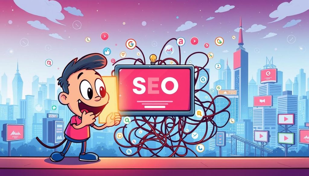 A vibrant cartoon illustration showcasing the concept of "بهینه‌سازی سئو". In the foreground, a playful character is meticulously optimizing the structure and content of a video, represented by a glowing computer screen. The middle ground features a tangled web of search engine icons, symbolizing the intricate web of SEO factors. In the background, a dynamic cityscape with skyscrapers and billboards highlights the digital landscape where online visibility is paramount. The overall scene conveys a sense of dynamic progress, with the character's focused expression and the vibrant, colorful palette creating an energetic and engaging atmosphere.