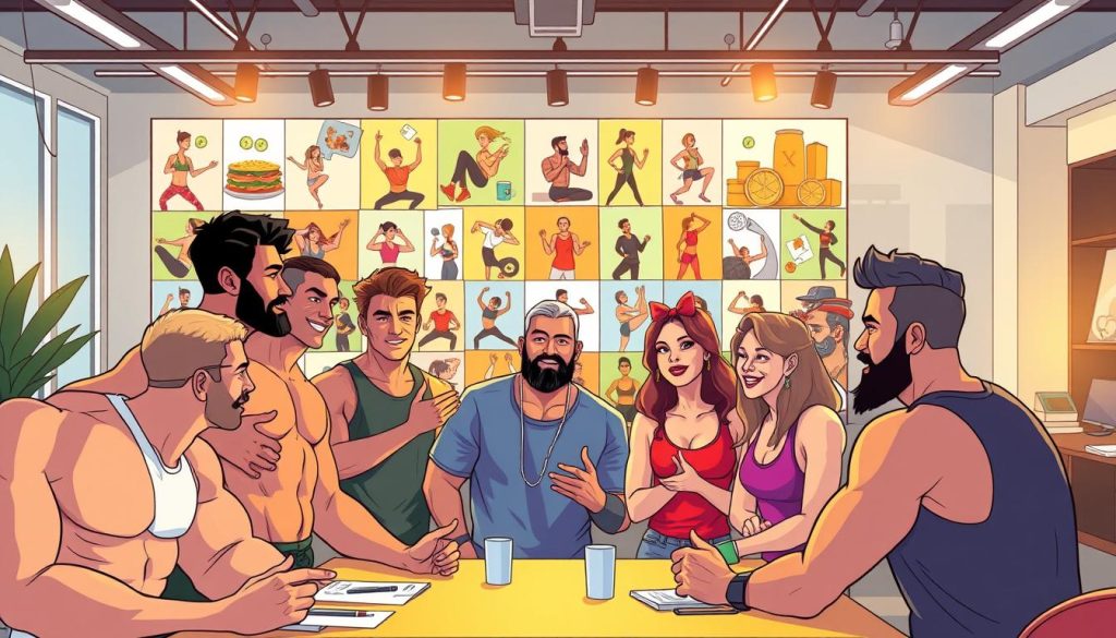 A vibrant cartoon scene depicting collaborative content ideas between athletes, celebrities, and fitness influencers. In the foreground, a group of muscular athletes and charismatic stars brainstorming together, gesturing enthusiastically. In the middle ground, a collage of diverse fitness activities and lifestyle themes - yoga poses, healthy meals, workout routines. In the background, a sleek, modern studio space with on-trend decor and equipment. Bright, warm lighting casts an energetic glow, capturing the spirit of productive creativity and synergy between the collaborators.