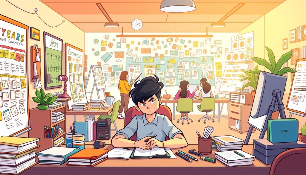 A vibrant cartoon scene showcasing a content planning process for an entire year. In the foreground, a determined creator sits at a desk, surrounded by a colorful array of stationery, calendars, and whiteboards filled with ideas. The middle ground features a bustling team of collaborators brainstorming, sketching, and discussing concepts, while the background depicts a dynamic workspace with a variety of inspiring visuals, from mood boards to reference images. The scene is bathed in warm, natural lighting, conveying a sense of creativity, focus, and a well-organized approach to content strategy.