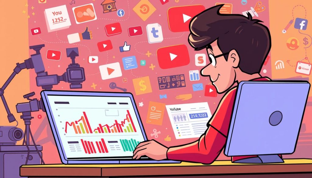 A vibrant cartoon-style illustration depicting a YouTuber analyzing their channel's revenue. In the foreground, the YouTuber sits at a desk, intently studying financial reports and charts on a laptop screen. The middle ground features colorful icons and graphics representing various monetization sources like views, subscribers, and ad revenue. In the background, a stylized world of YouTube thumbnails, video cameras, and social media platforms creates a dynamic, technology-infused setting. Warm lighting and a playful, yet thoughtful, mood convey the YouTuber's process of critically evaluating their YouTube earnings.