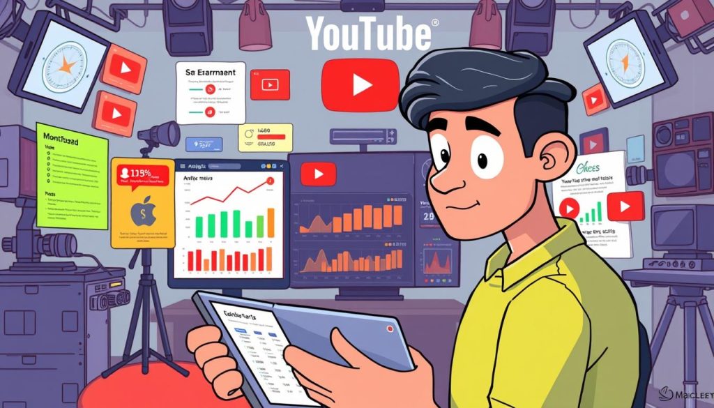 A vibrant cartoon-style illustration depicting a YouTuber carefully examining their earnings dashboard, surrounded by visual cues alluding to the challenges and strategies of generating income from a YouTube channel. The scene features the YouTuber in the foreground, focused intently on a tablet or laptop displaying the YouTube analytics interface. In the middle ground, colorful infographic-style elements illustrate key metrics, growth patterns, and monetization tactics. The background showcases a bustling YouTube-themed environment, with other creators, equipment, and the familiar YouTube logo prominently displayed, creating an immersive, informative, and visually engaging composition.