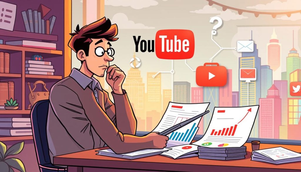 A vibrant, cartoon-style illustration depicting a YouTuber scrutinizing their YouTube revenue data. In the foreground, the YouTuber sits at a desk, surrounded by charts, graphs, and financial documents, deep in thought as they analyze the numbers. The middle ground features a stylized YouTube logo and various YouTube-related icons, representing the platform's monetization features. The background showcases a lively, colorful cityscape, hinting at the broader context of the YouTuber's business. The lighting is warm and inviting, with a touch of whimsy to match the cartoon aesthetic. The overall mood conveys the YouTuber's thoughtful contemplation of their YouTube earnings and the dynamics of the platform.