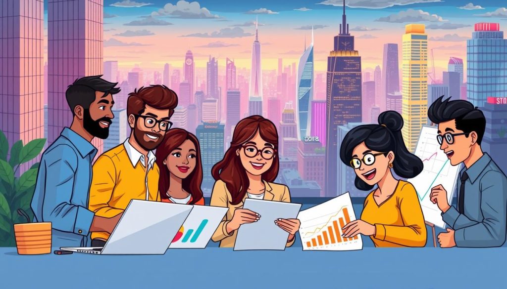 A vibrant, cartoon-style illustration depicting a competitive business landscape. In the foreground, a group of diverse entrepreneurs analyze charts and graphs, representing the "تحلیل رقبا" or competitive analysis process. The middle ground showcases innovative tools and technologies they use to stay ahead, such as laptops, smartphones, and whiteboards. In the background, a bustling cityscape with towering skyscrapers and neon lights sets the scene of a dynamic, fast-paced industry. The composition conveys a sense of collaboration, innovation, and strategic thinking as the characters work to understand their competitors and gain a market advantage.