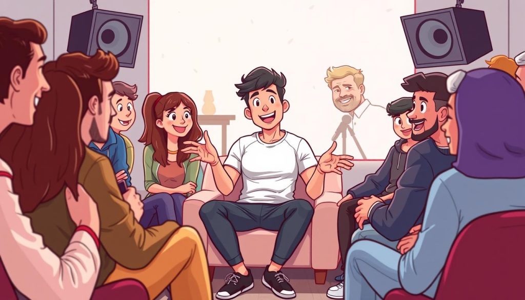 A vibrant, cartoon-style illustration depicting a friendly, approachable YouTuber engaging with an enthusiastic audience. The YouTuber, dressed in athletic wear, sits comfortably among a diverse group of fans, gesturing animatedly and making eye contact as they exchange ideas and feedback. The background features a modern, minimalist studio setting with simple props and equipment, creating a warm, welcoming atmosphere that encourages open communication and a sense of community. Soft, diffused lighting illuminates the scene, emphasizing the YouTuber's charismatic presence and the audience's engaged, attentive expressions. The overall composition conveys a strong sense of interactivity, collaboration, and a genuine connection between the content creator and their devoted followers. A vibrant, cartoon-style illustration depicting a friendly, approachable YouTuber engaging with an enthusiastic audience. The YouTuber, dressed in athletic wear, sits comfortably among a diverse group of fans, gesturing animatedly and making eye contact as they exchange ideas and feedback. The background features a modern, minimalist studio setting with simple props and equipment, creating a warm, welcoming atmosphere that encourages open communication and a sense of community. Soft, diffused lighting illuminates the scene, emphasizing the YouTuber's charismatic presence and the audience's engaged, attentive expressions. The overall composition conveys a strong sense of interactivity, collaboration, and a genuine connection between the content creator and their devoted followers.