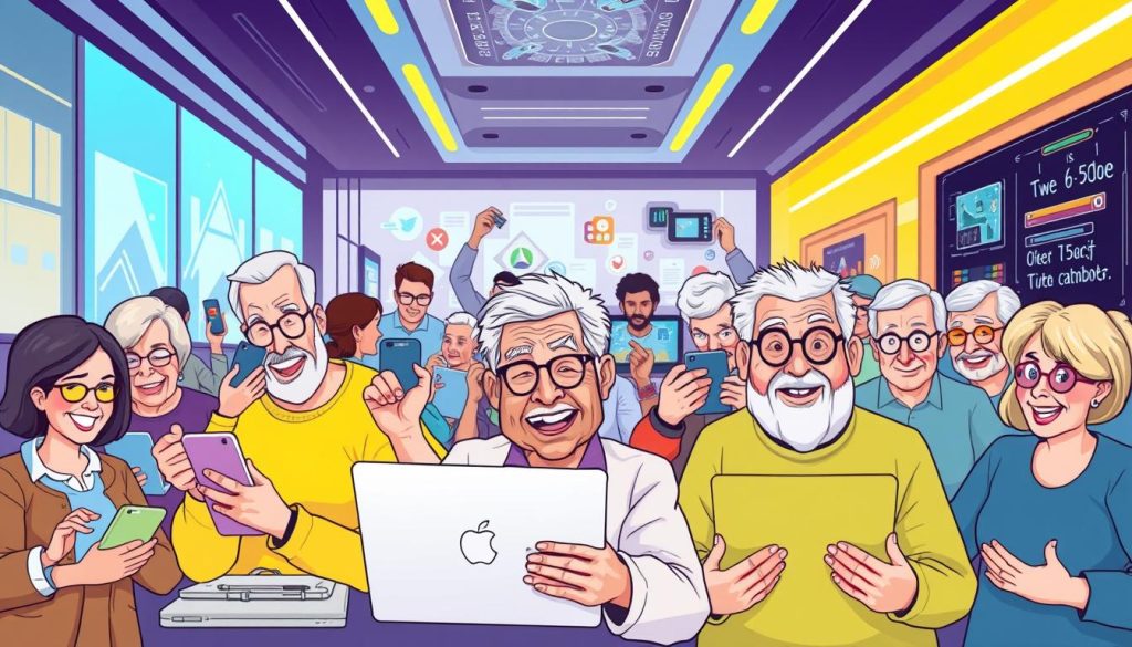 A vibrant, cartoon-style illustration depicting a group of middle-aged and older adults enthusiastically exploring modern technology. In the foreground, a diverse cast of characters - some using smartphones, others navigating laptops - engrossed in various tech-related tasks. The middle ground showcases a mix of digital devices, gadgets, and futuristic interfaces, creating a dynamic and visually engaging scene. The background features a sleek, high-tech environment, with clean lines, vibrant colors, and subtle nods to emerging technologies. The overall mood is one of excitement, curiosity, and a sense of embracing the digital age, reflecting the positive attitude of tech-savvy individuals over 40.