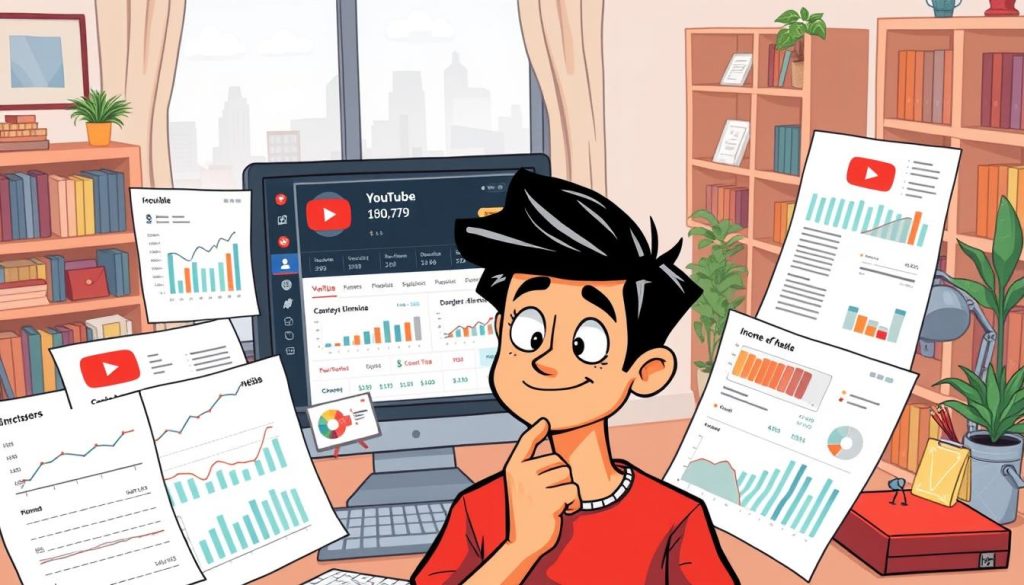 A vibrant, cartoon-style illustration depicting a person critically analyzing the income generated from a YouTube channel. The foreground features the protagonist, a young, energetic individual with a thoughtful expression, surrounded by various financial charts, graphs, and calculations. The middle ground showcases a laptop displaying the YouTube platform, with key performance metrics and revenue data. The background sets the scene with a cozy, home office environment, complete with bookshelves, desk accessories, and a window overlooking a cityscape. The overall mood is one of contemplation and strategic planning, capturing the essence of evaluating and optimizing YouTube income streams. A vibrant, cartoon-style illustration depicting a person critically analyzing the income generated from a YouTube channel. The foreground features the protagonist, a young, energetic individual with a thoughtful expression, surrounded by various financial charts, graphs, and calculations. The middle ground showcases a laptop displaying the YouTube platform, with key performance metrics and revenue data. The background sets the scene with a cozy, home office environment, complete with bookshelves, desk accessories, and a window overlooking a cityscape. The overall mood is one of contemplation and strategic planning, capturing the essence of evaluating and optimizing YouTube income streams.