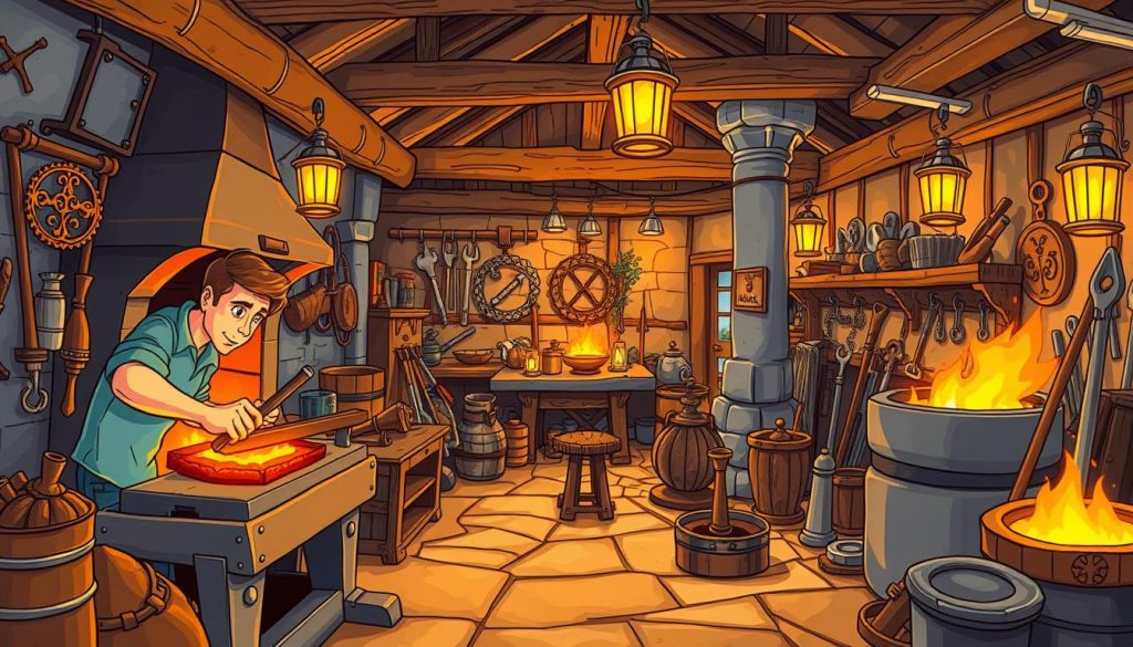 A vibrant cartoon-style illustration depicting a traditional blacksmith's workshop, filled with the tools and furnishings of the craft. In the foreground, a skilled artisan operates a heavy forge, shaping glowing metal with skilled hands. The middle ground showcases a variety of handcrafted metalwork, including ornate decorative pieces and functional tools. The background features a warm, cozy interior with exposed beams, flickering lanterns, and the inviting glow of the forge fire. The overall scene conveys a sense of timeless craftsmanship, traditional techniques, and the joy of creating something tangible with one's own hands.