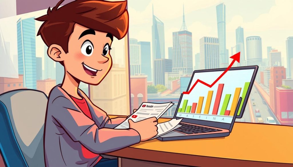 A vibrant, cartoon-style illustration depicting a young YouTuber reviewing their channel's earnings. In the foreground, the YouTuber, a lively animated character, sits at a desk examining financial documents and a laptop screen, their expression thoughtful and analytical. The middle ground features a stylized bar graph representing YouTube revenue, with colorful, dynamic elements. In the background, a dynamic cityscape with skyscrapers, traffic, and other urban details sets the scene. The lighting is bright and playful, with a warm, cheerful color palette that enhances the cartoon aesthetic. The overall composition conveys the process of critically evaluating and understanding YouTube monetization opportunities.