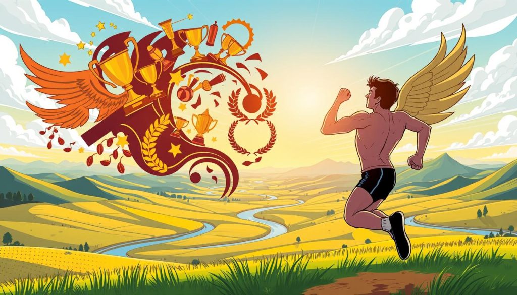A vibrant, cartoon-style illustration depicting the captivating allure of sports comeback stories. In the foreground, a determined athlete in mid-leap, their muscular form silhouetted against a sun-dappled sky. The middle ground features a swirling backdrop of inspirational symbols - trophy cups, laurel wreaths, and soaring wings - symbolizing the triumph of the human spirit. In the background, a dreamlike landscape with rolling hills, winding rivers, and distant mountain peaks, creating a sense of boundless possibility. The overall mood is one of energy, optimism, and the irresistible magnetism of stories about athletes who overcome adversity to achieve redemption and greatness. A vibrant, cartoon-style illustration depicting the captivating allure of sports comeback stories. In the foreground, a determined athlete in mid-leap, their muscular form silhouetted against a sun-dappled sky. The middle ground features a swirling backdrop of inspirational symbols - trophy cups, laurel wreaths, and soaring wings - symbolizing the triumph of the human spirit. In the background, a dreamlike landscape with rolling hills, winding rivers, and distant mountain peaks, creating a sense of boundless possibility. The overall mood is one of energy, optimism, and the irresistible magnetism of stories about athletes who overcome adversity to achieve redemption and greatness.