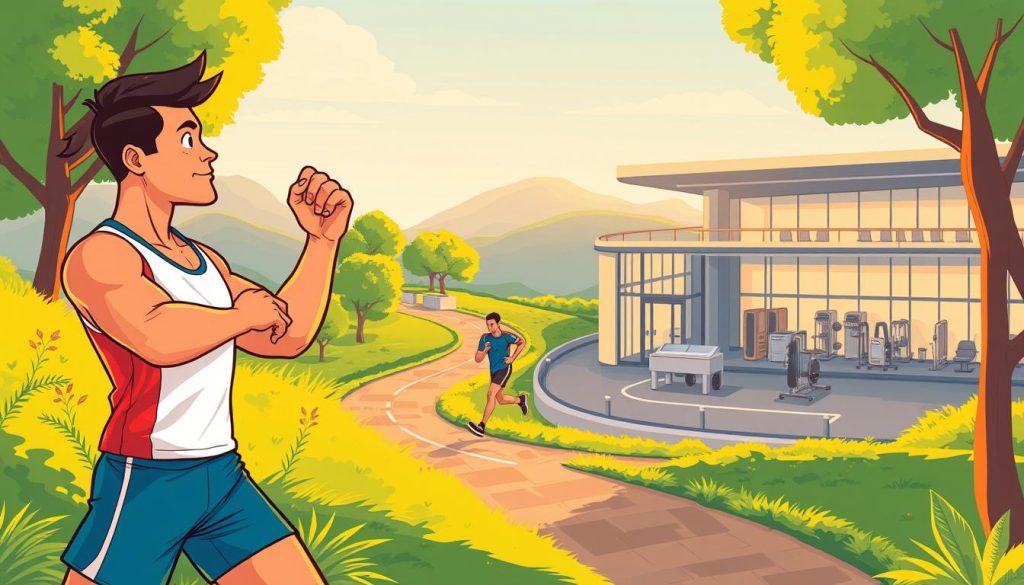 A vibrant, cartoon-style illustration depicting the daily routine of a professional athlete. In the foreground, a dynamic figure in sportswear stretches and warms up, muscles flexing. The middle ground shows the athlete jogging on a scenic, winding path, surrounded by lush greenery. In the background, a state-of-the-art training facility with modern equipment and facilities comes into view, conveying a sense of dedication and discipline. The overall scene is bathed in warm, golden lighting, capturing the energy and determination of the athlete's lifestyle. The composition highlights the balance between physical training, recovery, and the supporting infrastructure that enables the athlete's pursuit of excellence. A vibrant, cartoon-style illustration depicting the daily routine of a professional athlete. In the foreground, a dynamic figure in sportswear stretches and warms up, muscles flexing. The middle ground shows the athlete jogging on a scenic, winding path, surrounded by lush greenery. In the background, a state-of-the-art training facility with modern equipment and facilities comes into view, conveying a sense of dedication and discipline. The overall scene is bathed in warm, golden lighting, capturing the energy and determination of the athlete's lifestyle. The composition highlights the balance between physical training, recovery, and the supporting infrastructure that enables the athlete's pursuit of excellence.