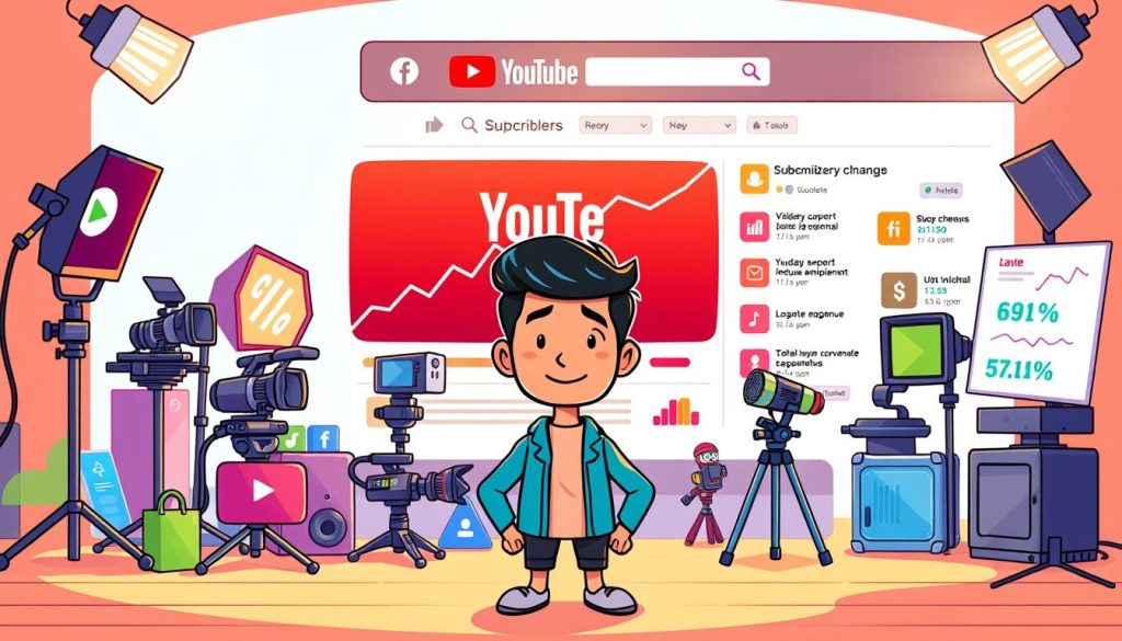 A vibrant, cartoon-style illustration depicting the key requirements for achieving monetization on YouTube. In the foreground, a colorful avatar of a YouTuber stands confidently, surrounded by icons representing subscriber count, video views, and engagement metrics. In the middle ground, a collection of video production equipment - cameras, lighting, and microphones - symbolize the technical capabilities needed. In the background, a stylized YouTube interface showcases a subscriber milestone, revenue statistics, and video analytics, all bathed in a warm, optimistic glow. The overall scene conveys the excitement and possibilities of building a successful YouTube channel, with a focus on the essential conditions for generating income. A vibrant, cartoon-style illustration depicting the key requirements for achieving monetization on YouTube. In the foreground, a colorful avatar of a YouTuber stands confidently, surrounded by icons representing subscriber count, video views, and engagement metrics. In the middle ground, a collection of video production equipment - cameras, lighting, and microphones - symbolize the technical capabilities needed. In the background, a stylized YouTube interface showcases a subscriber milestone, revenue statistics, and video analytics, all bathed in a warm, optimistic glow. The overall scene conveys the excitement and possibilities of building a successful YouTube channel, with a focus on the essential conditions for generating income.