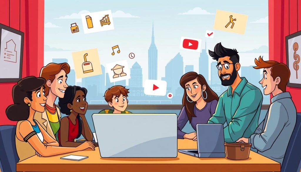A vibrant, cartoon-style illustration depicting the key strategies for building a successful YouTube channel for learning musical instruments after age 40. In the foreground, a diverse group of animated characters sit around a table, engaged in a lively discussion, their faces lit by the glow of a laptop screen. In the middle ground, icons and infographic elements float, representing elements like content planning, audience engagement, and video optimization. The background features a stylized cityscape, with a towering YouTube logo in the distance, symbolizing the channel's aspirations. The overall scene conveys a sense of energy, collaboration, and the excitement of embarking on a new creative endeavor. A vibrant, cartoon-style illustration depicting the key strategies for building a successful YouTube channel for learning musical instruments after age 40. In the foreground, a diverse group of animated characters sit around a table, engaged in a lively discussion, their faces lit by the glow of a laptop screen. In the middle ground, icons and infographic elements float, representing elements like content planning, audience engagement, and video optimization. The background features a stylized cityscape, with a towering YouTube logo in the distance, symbolizing the channel's aspirations. The overall scene conveys a sense of energy, collaboration, and the excitement of embarking on a new creative endeavor.