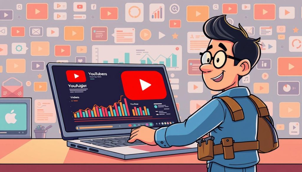 A vibrant cartoon-style illustration depicting the optimization of YouTube videos. In the foreground, a friendly YouTuber character with a tool belt is carefully adjusting the settings on a sleek, modern laptop. In the middle ground, a series of colorful graphs and charts illustrate key video analytics and SEO metrics. The background features an array of YouTube icons, thumbnails, and playback controls, all bathed in a warm, inviting glow. The overall scene conveys a sense of productivity, creativity, and the satisfaction of optimizing one's YouTube content for maximum visibility and engagement.