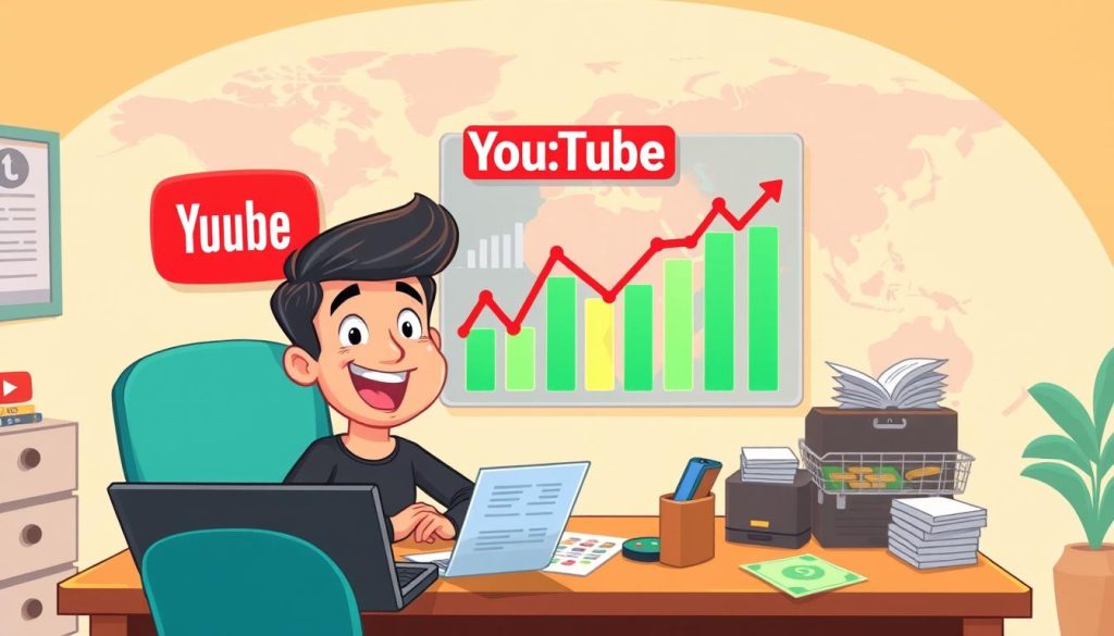 A vibrant, cartoon-style illustration depicting the process of calculating YouTube income. In the foreground, a cheerful YouTuber sitting at a desk, surrounded by laptop, smartphone, and various financial documents. The middle ground shows a colorful bar chart representing YouTube analytics, with playful icons and graphics. In the background, a stylized world map, symbolizing the global reach of the platform. The scene is bathed in warm, soft lighting, creating a friendly, approachable atmosphere. The overall composition conveys the excitement and opportunity of monetizing a YouTube channel.