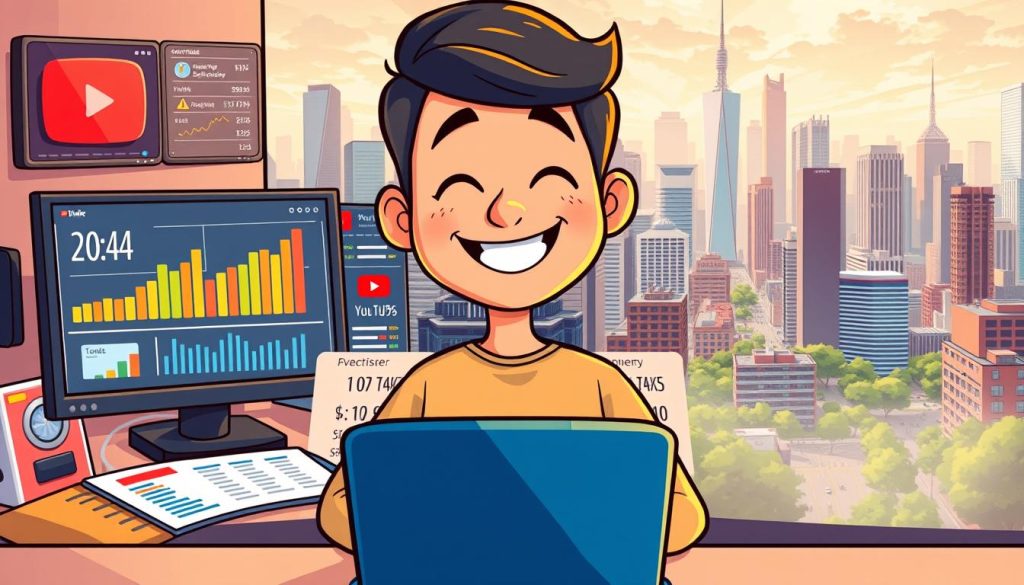 A vibrant cartoon-style illustration depicting the process of calculating YouTube revenue. In the foreground, a cheerful YouTuber sits at a desk, surrounded by colorful charts, graphs, and digital screens displaying analytics data. The middle ground features a detailed breakdown of YouTube's monetization model, including views, subscriber counts, and advertising metrics. In the background, a bustling city skyline with skyscrapers and a lively urban landscape sets the scene. The lighting is warm and inviting, conveying a sense of enthusiasm and optimism around the financial opportunities of content creation. The overall composition emphasizes the key elements of YouTube revenue calculation in an engaging, visually appealing manner. A vibrant cartoon-style illustration depicting the process of calculating YouTube revenue. In the foreground, a cheerful YouTuber sits at a desk, surrounded by colorful charts, graphs, and digital screens displaying analytics data. The middle ground features a detailed breakdown of YouTube's monetization model, including views, subscriber counts, and advertising metrics. In the background, a bustling city skyline with skyscrapers and a lively urban landscape sets the scene. The lighting is warm and inviting, conveying a sense of enthusiasm and optimism around the financial opportunities of content creation. The overall composition emphasizes the key elements of YouTube revenue calculation in an engaging, visually appealing manner.