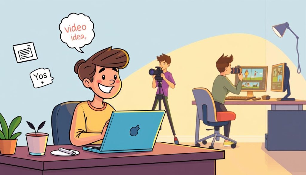 A vibrant cartoon-style illustration depicting the step-by-step process of creating a YouTube channel. In the foreground, a cheerful character sits at a desk, laptop open, brainstorming video ideas. The middle ground shows the character filming with a camera, and in the background, the character is editing footage on a computer. Soft, warm lighting illuminates the scene, creating a friendly, approachable atmosphere. The composition emphasizes the creative, empowering journey of building a YouTube channel, suitable for an audience of active, health-conscious individuals aged 40 and above.