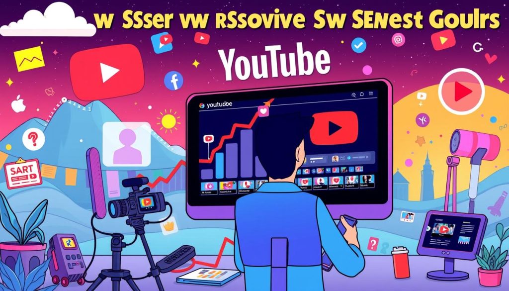 A vibrant, cartoon-style illustration depicting the strategy for growing a successful YouTube channel. The foreground shows a YouTuber using various tools and techniques, such as a camera, microphone, and video editing software, to create engaging content. The middle ground features a growing subscriber count, colorful metrics, and video thumbnails, symbolizing channel growth. In the background, a dynamic landscape with elements like social media platforms, trending topics, and a YouTube logo creates an immersive, tech-savvy atmosphere. The overall scene conveys a sense of creativity, productivity, and the strategic steps involved in elevating a YouTube channel. A vibrant, cartoon-style illustration depicting the strategy for growing a successful YouTube channel. The foreground shows a YouTuber using various tools and techniques, such as a camera, microphone, and video editing software, to create engaging content. The middle ground features a growing subscriber count, colorful metrics, and video thumbnails, symbolizing channel growth. In the background, a dynamic landscape with elements like social media platforms, trending topics, and a YouTube logo creates an immersive, tech-savvy atmosphere. The overall scene conveys a sense of creativity, productivity, and the strategic steps involved in elevating a YouTube channel.