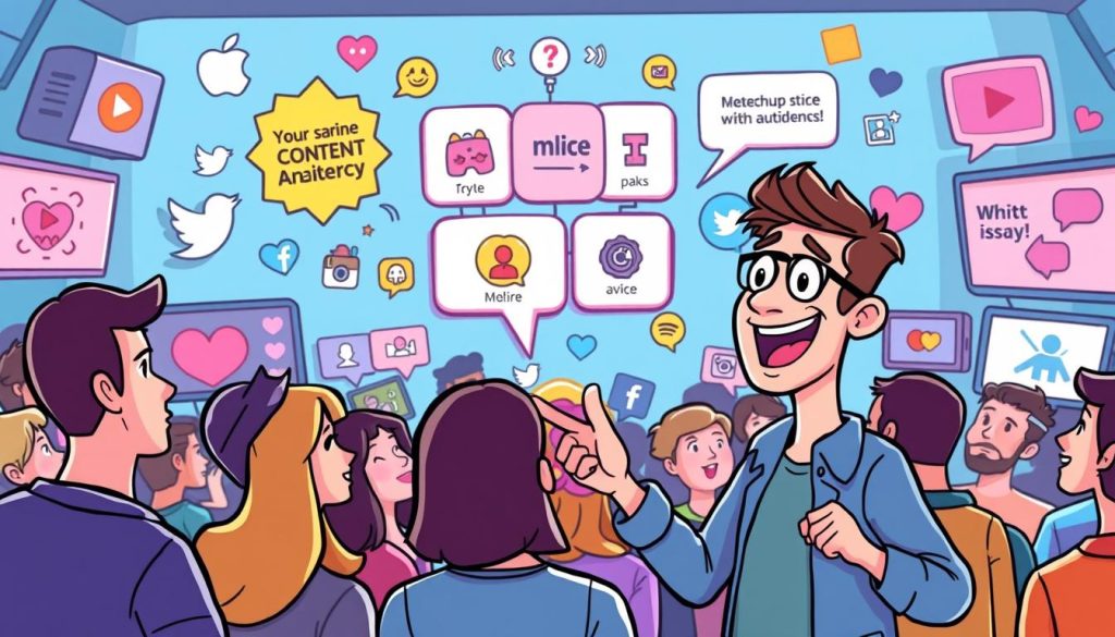 A vibrant, cartoon-style illustration depicting various strategies for attracting an audience. In the foreground, a charismatic YouTuber gestures animatedly, engaging with a captivated audience. The middle ground showcases a range of content ideas, from relationship advice to motivational messages, each represented by colorful, playful icons. The background features a stylized backdrop of social media platforms and video streaming interfaces, creating a dynamic, tech-savvy atmosphere. The overall scene conveys a sense of energy, creativity, and the power of connecting with an audience through genuine, relatable content.