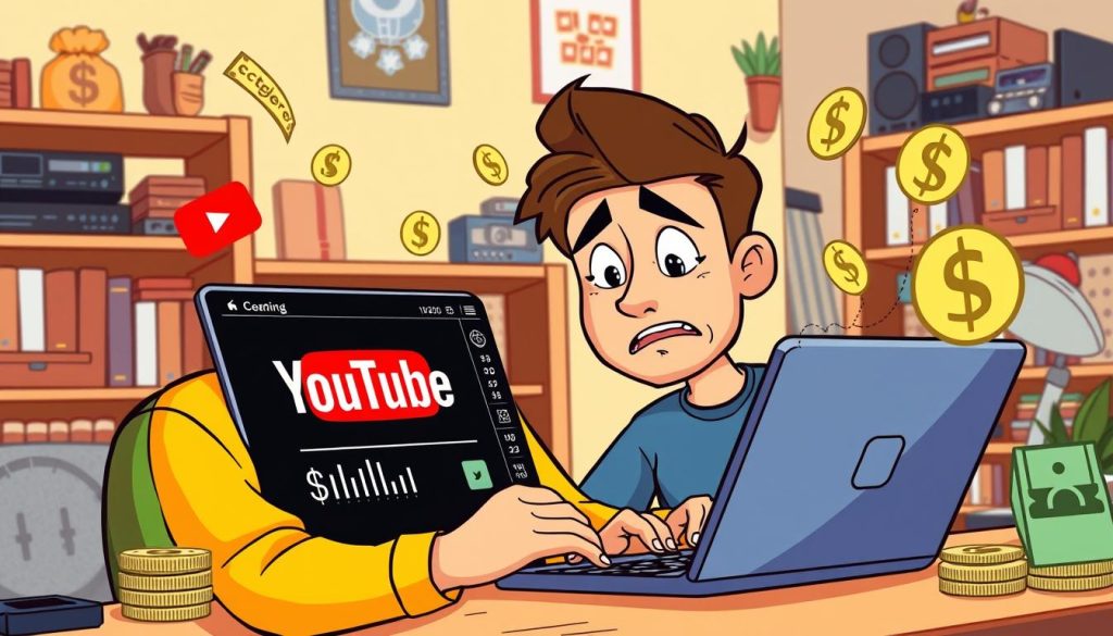 A vibrant cartoon-style illustration of a YouTuber carefully examining and calculating their YouTube earnings on a laptop screen, surrounded by dollar bill symbols and financial graphs. The YouTuber's expression conveys a mix of concentration and mild concern as they meticulously review their channel's monetization details. The background features a cozy, home-office setting with shelves of books and equipment, conveying the personal nature of the YouTuber's content creation process. Warm, natural lighting enhances the scene, creating a contemplative, thoughtful atmosphere. A vibrant cartoon-style illustration of a YouTuber carefully examining and calculating their YouTube earnings on a laptop screen, surrounded by dollar bill symbols and financial graphs. The YouTuber's expression conveys a mix of concentration and mild concern as they meticulously review their channel's monetization details. The background features a cozy, home-office setting with shelves of books and equipment, conveying the personal nature of the YouTuber's content creation process. Warm, natural lighting enhances the scene, creating a contemplative, thoughtful atmosphere.