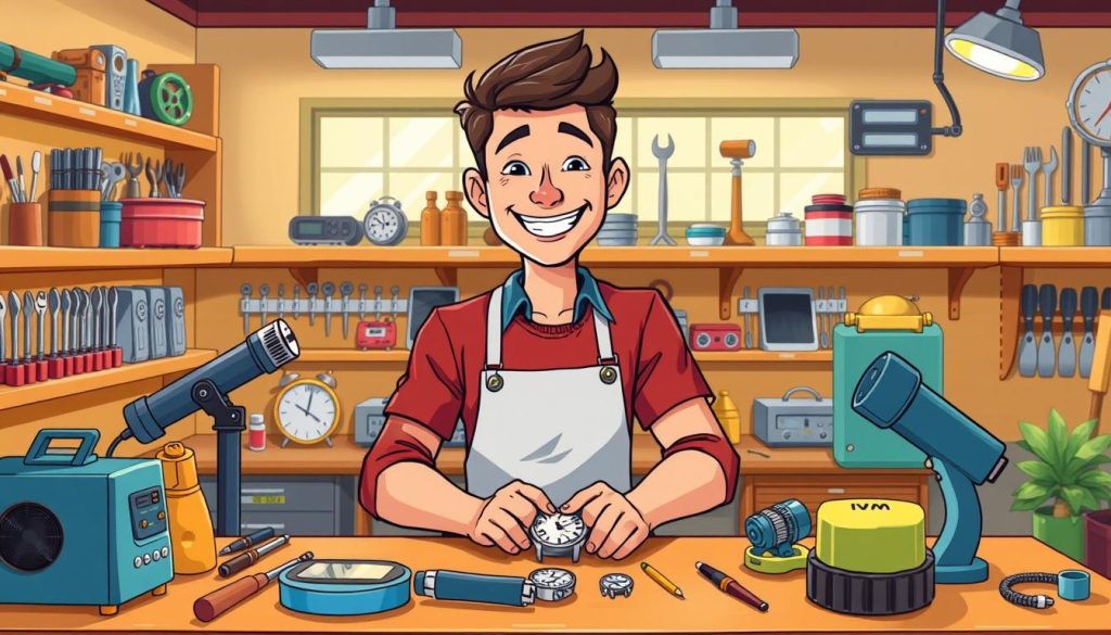A vibrant, cartoon-style illustration of a successful YouTuber channel owner, surrounded by their specialized tools and equipment for repairing delicate timepieces and intricate devices. The scene depicts a cheerful, confident individual sitting at a workbench, immersed in their craft, with a warm, inviting atmosphere and natural lighting illuminating the space. The background features neatly organized shelves displaying a variety of tools and components, conveying a sense of expertise and a well-equipped workshop. The overall mood should be one of accomplishment, passion, and the promise of a rewarding journey in the world of YouTube content creation.