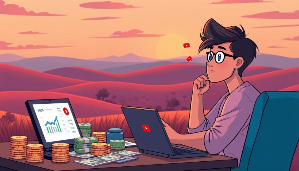 A vibrant, cartoon-style illustration of a thoughtful YouTuber analyzing their channel's revenue streams. In the foreground, the YouTuber sits at a desk, surrounded by charts, graphs, and a laptop displaying financial data. The middle ground features stacks of coins, dollar bills, and other monetary symbols, representing the YouTuber's income. In the background, a warm, sunset-hued landscape sets a contemplative mood, with rolling hills and a serene sky. The lighting is soft and diffused, casting a gentle glow on the scene. The overall composition conveys the YouTuber's careful evaluation of their channel's earning potential and financial sustainability. A vibrant, cartoon-style illustration of a thoughtful YouTuber analyzing their channel's revenue streams. In the foreground, the YouTuber sits at a desk, surrounded by charts, graphs, and a laptop displaying financial data. The middle ground features stacks of coins, dollar bills, and other monetary symbols, representing the YouTuber's income. In the background, a warm, sunset-hued landscape sets a contemplative mood, with rolling hills and a serene sky. The lighting is soft and diffused, casting a gentle glow on the scene. The overall composition conveys the YouTuber's careful evaluation of their channel's earning potential and financial sustainability.