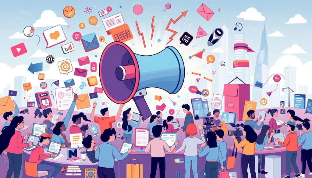 A vibrant, cartoon-style illustration of content marketing. In the foreground, a diverse group of people are engaged in various creative tasks - writing, designing, filming, and editing. They are surrounded by a swirl of colorful graphics, icons, and digital devices, all working together to craft and distribute compelling content. In the middle ground, a larger-than-life megaphone symbolizes the reach and impact of this content. The background features a stylized cityscape, with towering skyscrapers and bustling streets, hinting at the broad audience and far-reaching potential of effective content marketing. The overall scene conveys a sense of energy, collaboration, and the power of storytelling to captivate and attract viewers. A vibrant, cartoon-style illustration of content marketing. In the foreground, a diverse group of people are engaged in various creative tasks - writing, designing, filming, and editing. They are surrounded by a swirl of colorful graphics, icons, and digital devices, all working together to craft and distribute compelling content. In the middle ground, a larger-than-life megaphone symbolizes the reach and impact of this content. The background features a stylized cityscape, with towering skyscrapers and bustling streets, hinting at the broad audience and far-reaching potential of effective content marketing. The overall scene conveys a sense of energy, collaboration, and the power of storytelling to captivate and attract viewers.